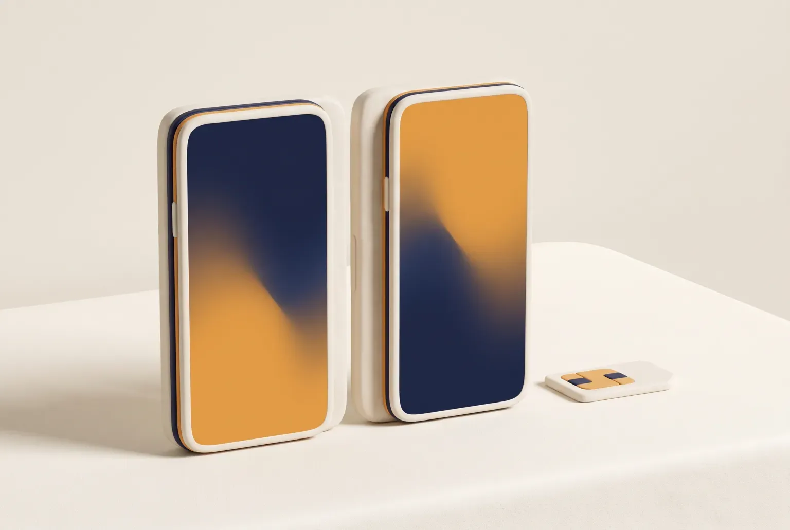 Illustration: two plain modern smartphones standing side by side on a cream table with navy and orange gradient screens and a small SIM card beside them, drawn as a soft 3D render. Not a real product.