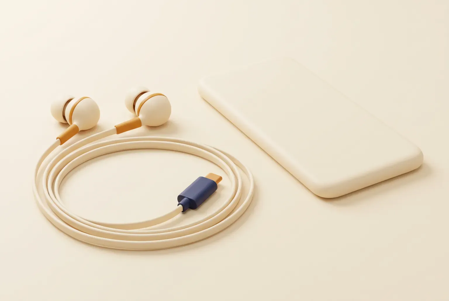 Illustration: a pair of cream wired earbuds with a flat cable ending in a small navy USB-C plug, coiled on a pale desk beside a plain smartphone, drawn as a soft 3D render. Not a real product.