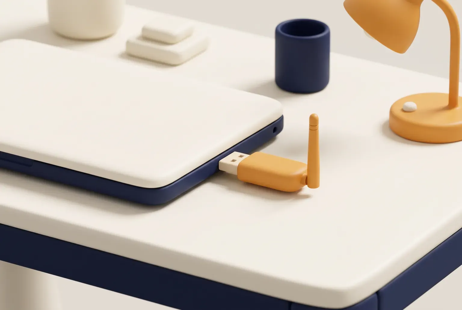 Illustration: a small amber USB Wi-Fi dongle with a short antenna plugged into the side of a cream laptop on a tidy desk with a lamp and a pen cup, drawn as a soft 3D render. Not a real product.