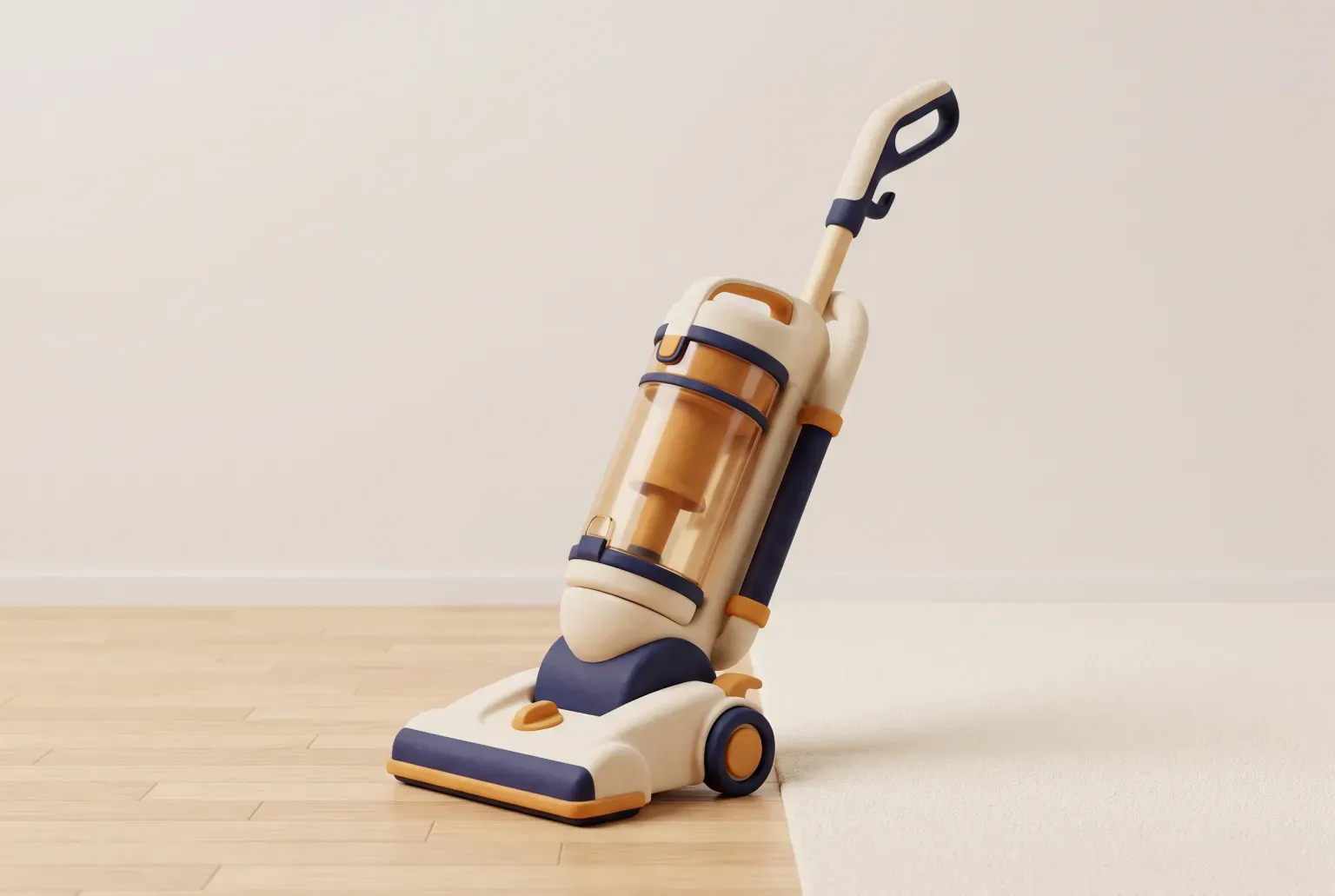 Illustration: a cream, navy and amber upright vacuum with a clear dust cup standing where a light wood floor meets a cream carpet, drawn as a soft 3D render. Not a real product.