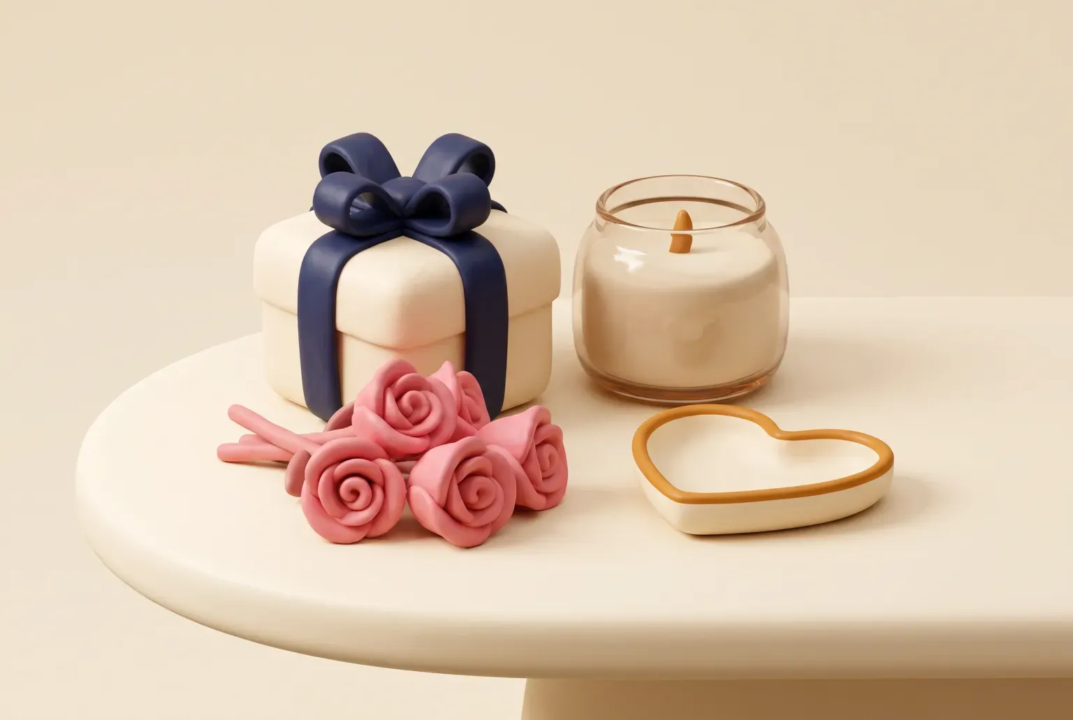 Illustration: a cream gift box with a navy ribbon, a bouquet of pink roses, a candle in a glass jar and a heart-shaped dish on a cream table, drawn as a soft 3D render. Not a real product.