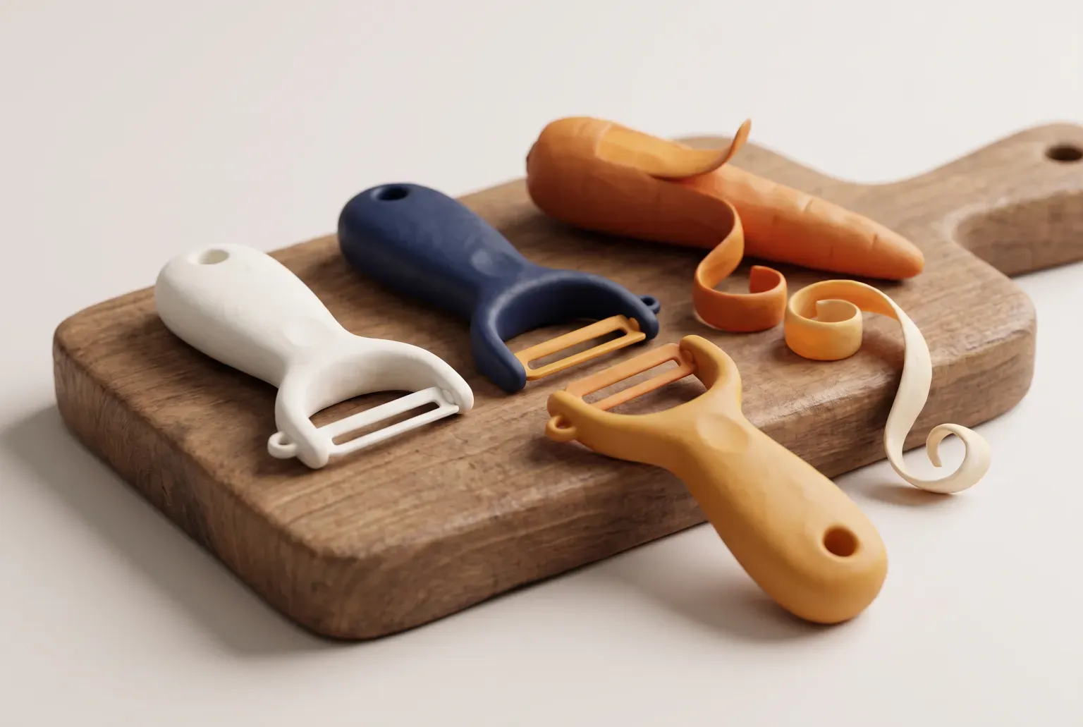 Illustration: three hand vegetable peelers in white, navy and amber lying on a wooden cutting board beside a peeled carrot and curls of carrot peel, drawn as a soft 3D render. Not a real product.