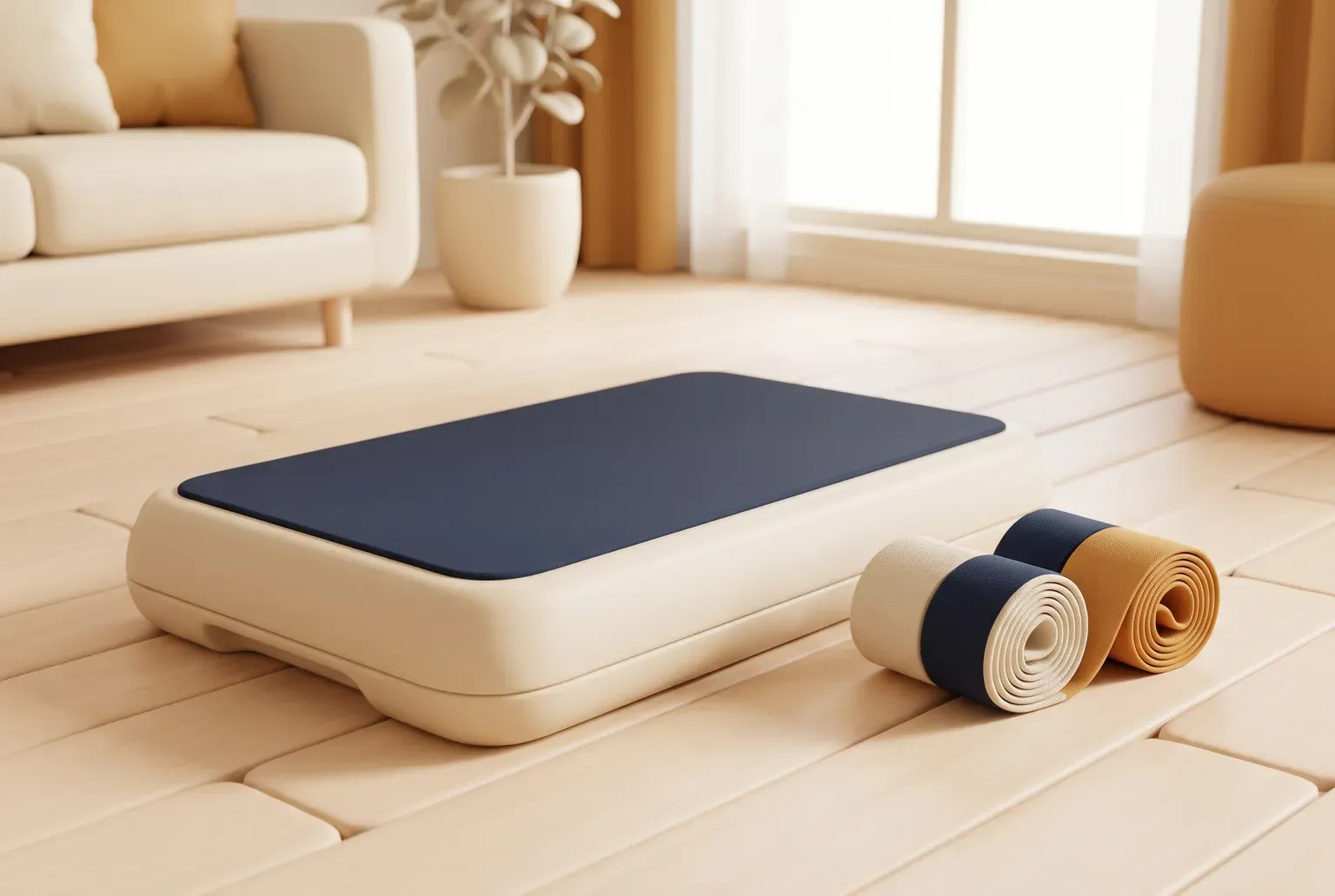 Illustration: a slim rectangular exercise platform with a navy top on a pale wooden floor beside two rolled resistance bands, drawn as a soft 3D render. Not a real product.