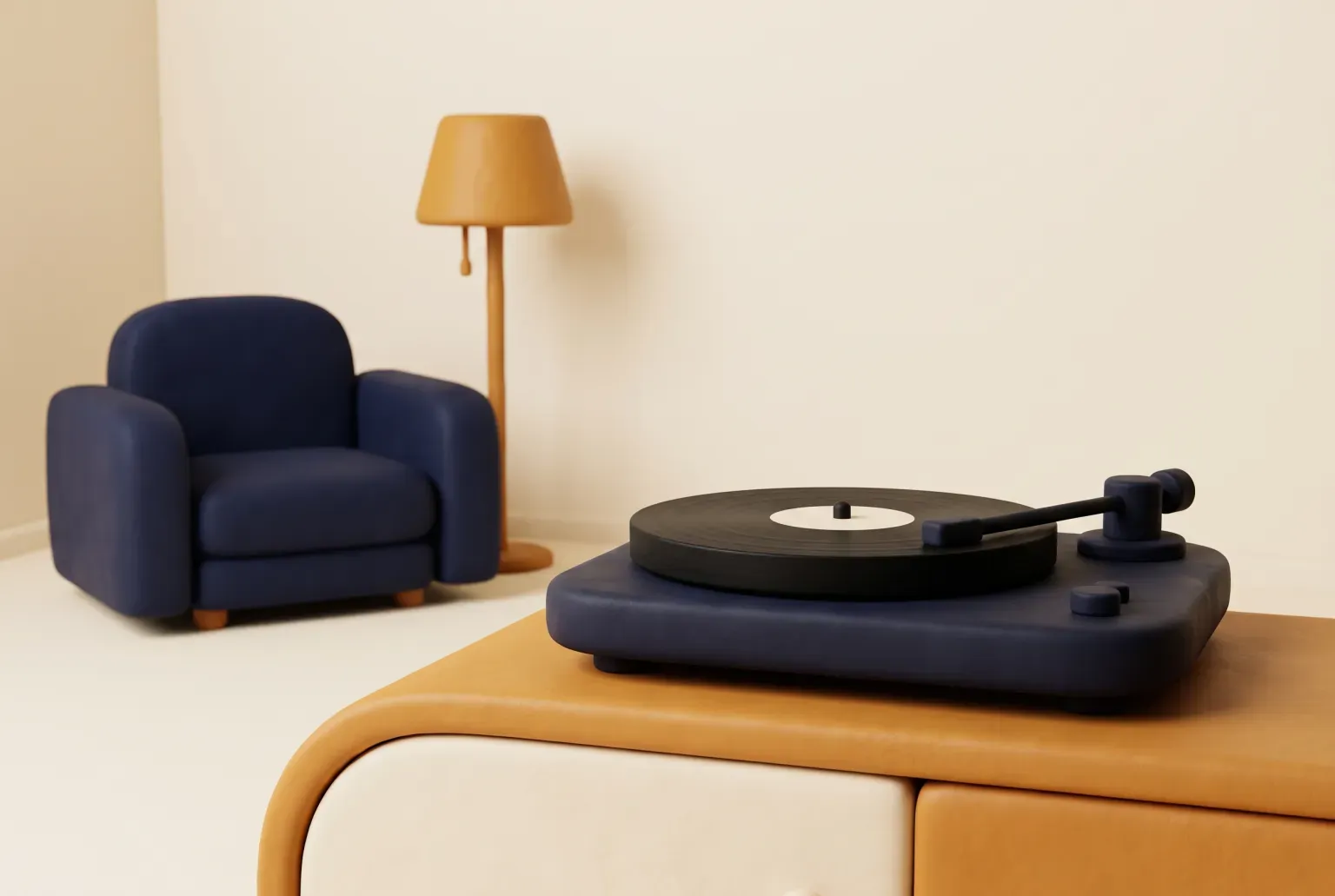 Illustration: a plain record player with a vinyl record on a wooden sideboard in a simple living room, drawn as a soft 3D render. Not a real product.