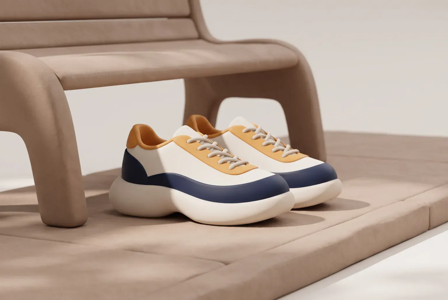 Illustration: a pair of cream, navy and amber walking sneakers with thick rounded soles on a sandy clay path beside a park bench, drawn as a soft 3D render. Not a real product.