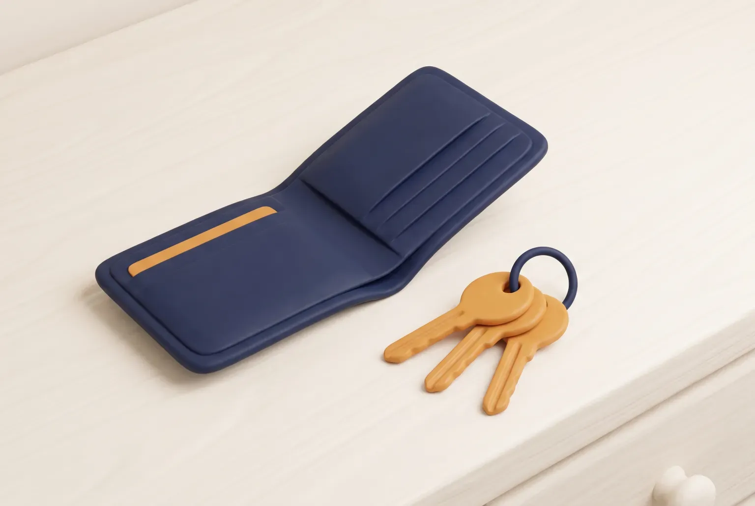 Illustration: a plain open bifold wallet next to a set of keys on a dresser, drawn as a soft 3D render. Not a real product.