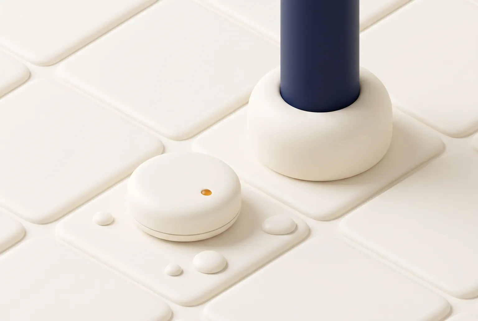Illustration: a small round cream sensor on a cream tiled floor with a few water droplets beside the base of a navy pipe, drawn as a soft 3D render. Not a real product.