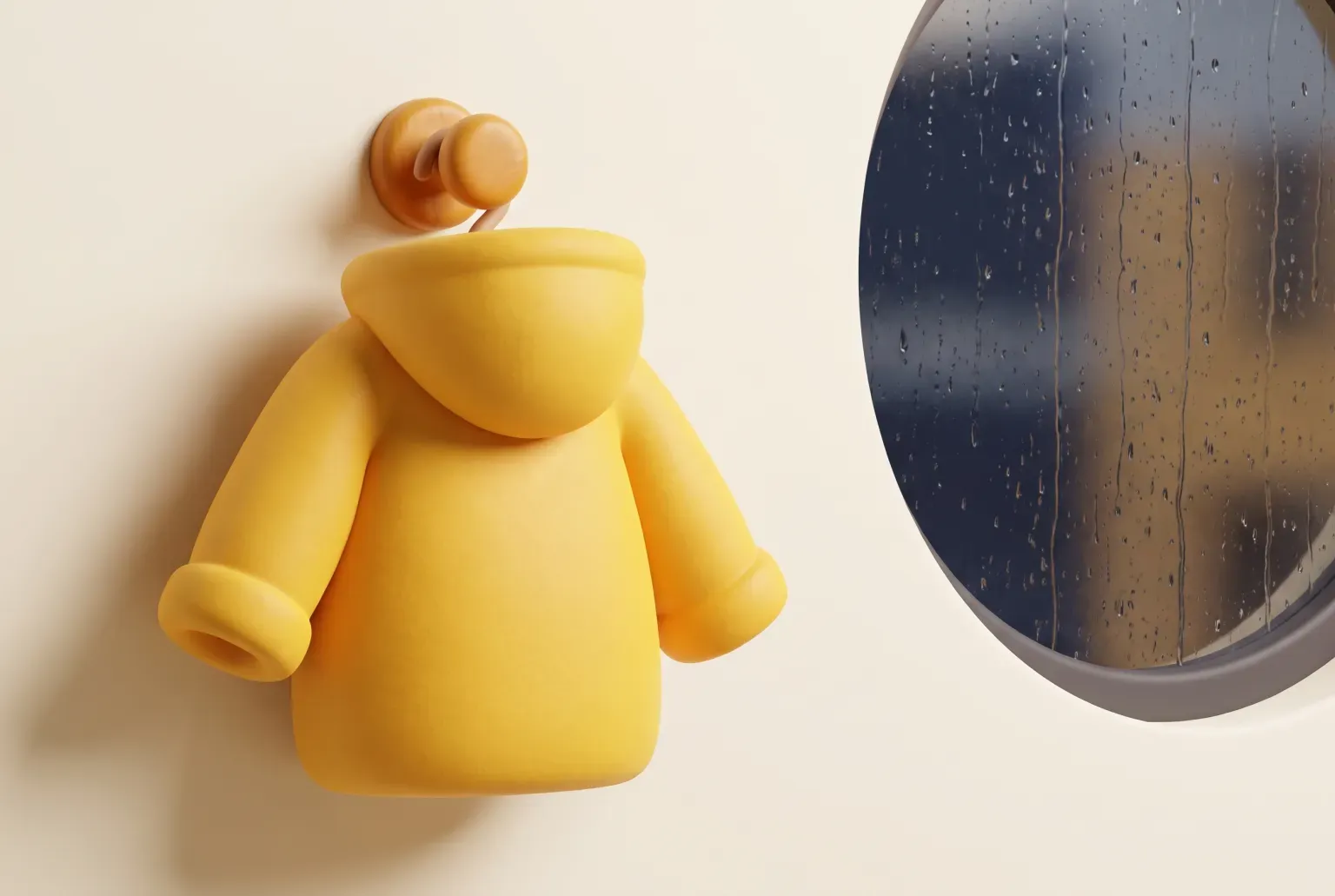 Illustration: a bright yellow hooded rain jacket hanging on a wooden peg beside a round window streaked with raindrops, drawn as a soft 3D render. Not a real product.