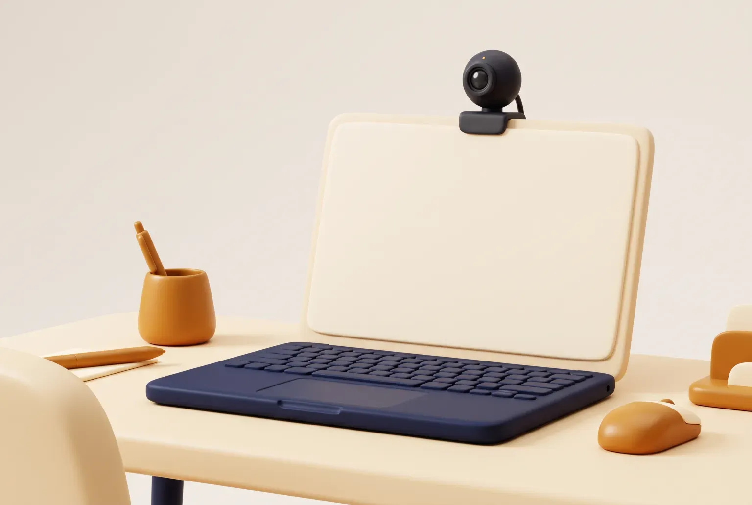 Illustration: a small round black webcam clipped on top of a cream laptop screen with a navy keyboard on a tidy desk with an amber pen cup, drawn as a soft 3D render. Not a real product.