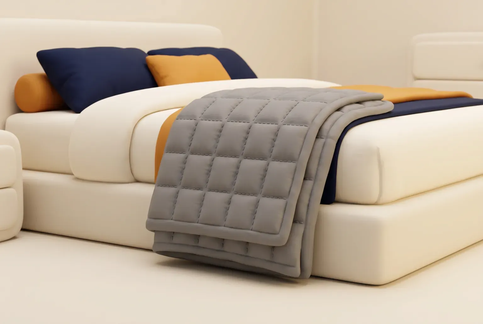 Illustration: a thick grey quilted blanket with square stitched pockets, folded at the foot of a cream bed with navy and amber pillows, drawn as a soft 3D render. Not a real product.