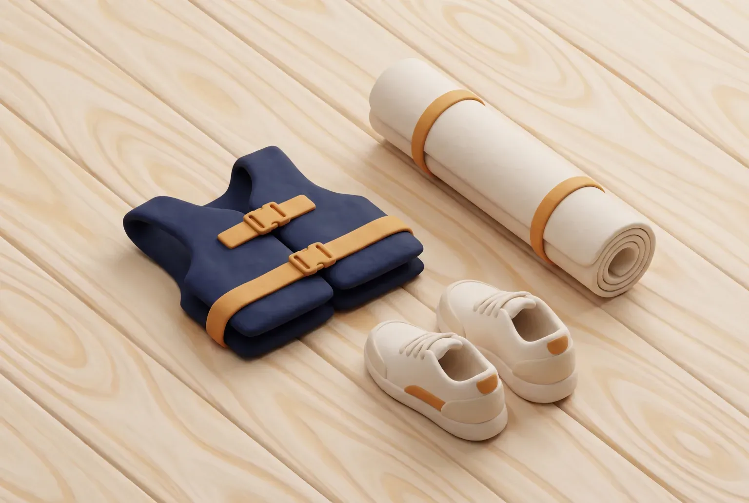 Illustration: a plain navy vest with two amber buckle straps lying folded on a wooden floor beside cream sneakers and a rolled yoga mat, drawn as a soft 3D render. Not a real product.