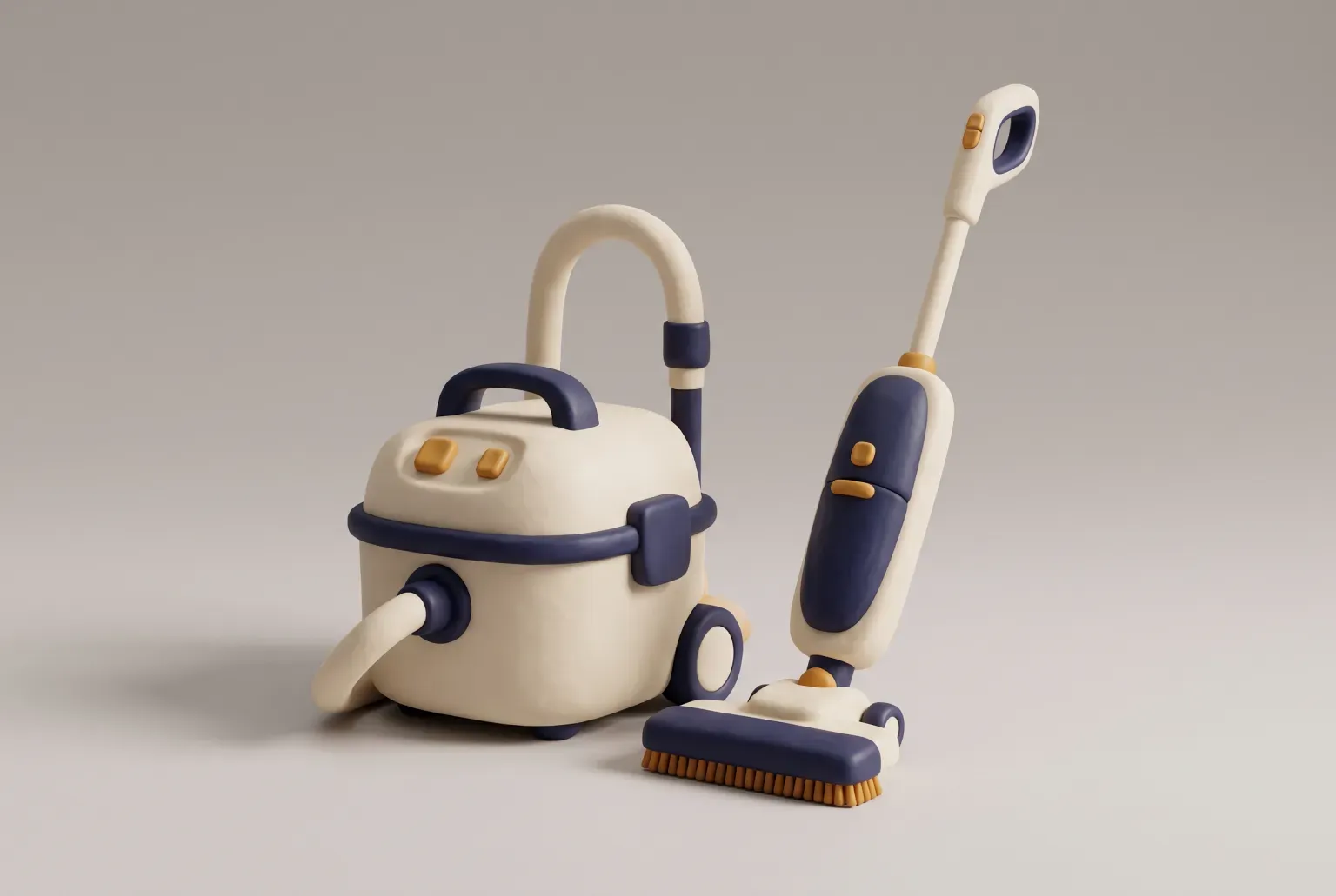 Illustration: a rounded cream shop vacuum canister with a hose beside a slim cordless upright floor cleaner on a plain floor, drawn as a soft 3D render. Not a real product.