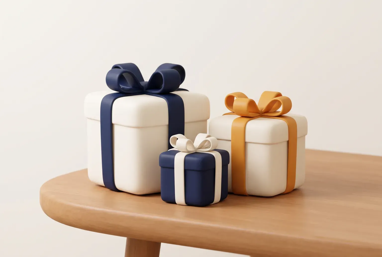 Illustration: three plain wrapped gift boxes with ribbons on a wooden table, drawn as a soft 3D render. Not a real product.