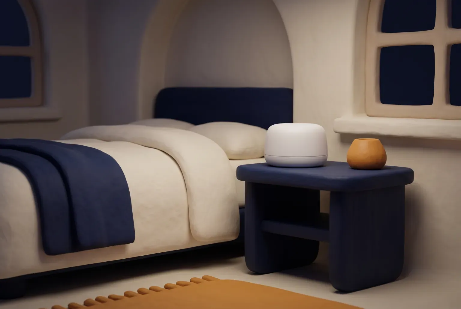 Illustration: a small round white sound machine on a nightstand beside a made bed in a calm, dim bedroom, drawn as a soft 3D render. Not a real product.