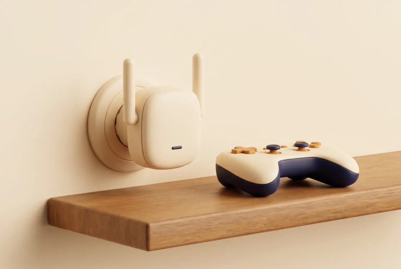 Illustration: a small cream Wi-Fi range extender with two antennas plugged into a wall above a wooden shelf that holds a game controller, drawn as a soft 3D render. Not a real product.