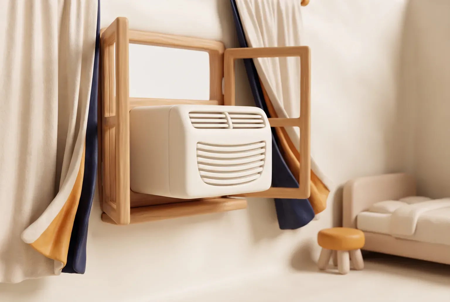 Illustration: a plain white window air conditioner fitted in a bedroom window between light curtains, drawn as a soft 3D render. Not a real product.