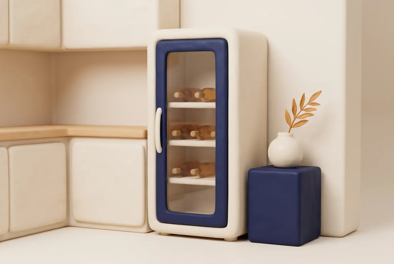 Illustration: a slim freestanding wine fridge with a navy glass door and a few bottles on its shelves in a cream kitchen corner beside a small vase, drawn as a soft 3D render. Not a real product.
