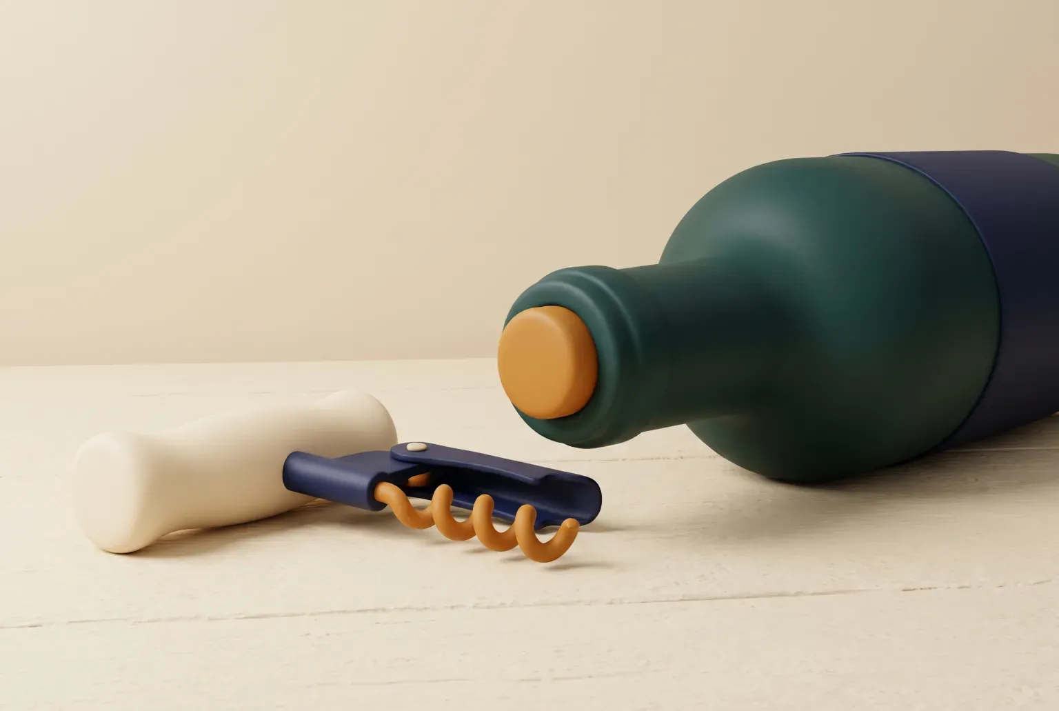 Illustration: a cream-handled waiter's corkscrew with an amber spiral lying beside a corked green wine bottle on a pale wooden table, drawn as a soft 3D render. Not a real product.