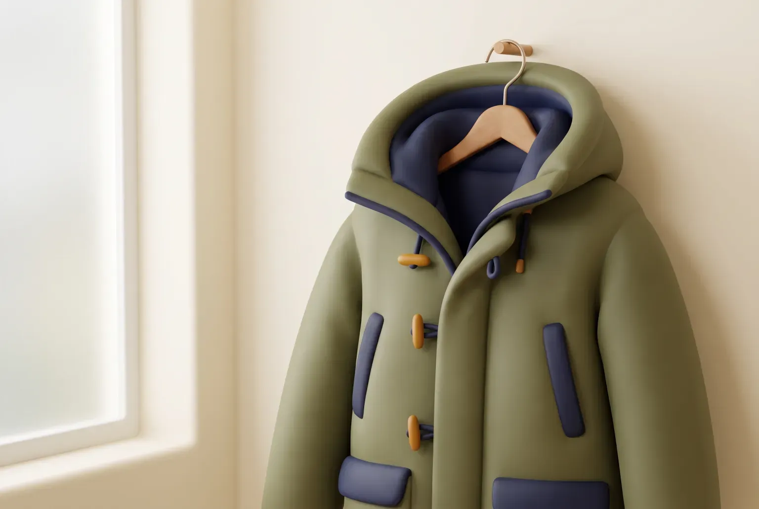 Illustration: a heavy olive green hooded parka with toggle fastenings hanging from a wooden hanger beside a frosted window, drawn as a soft 3D render. Not a real product.