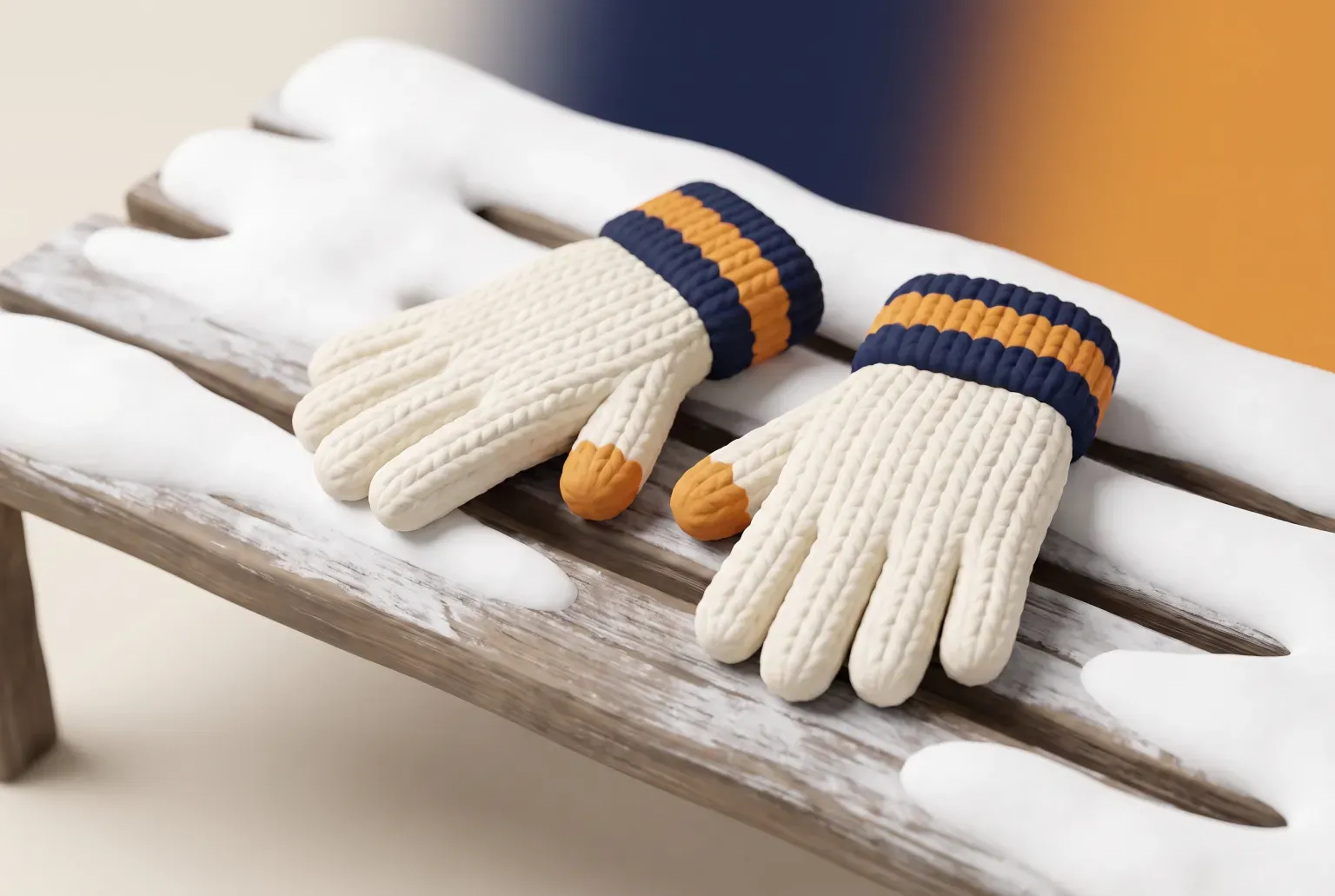 Illustration: a pair of cream knitted gloves with navy and amber cuffs resting on a snowy wooden bench, drawn as a soft 3D render. Not a real product.