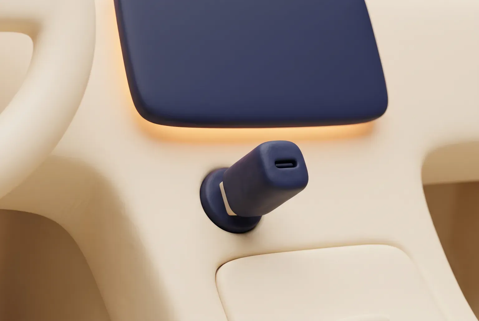 Illustration: a tiny plain navy USB adapter plugged into a car's center console port below a blank dark screen, drawn as a soft 3D render. Not a real product.
