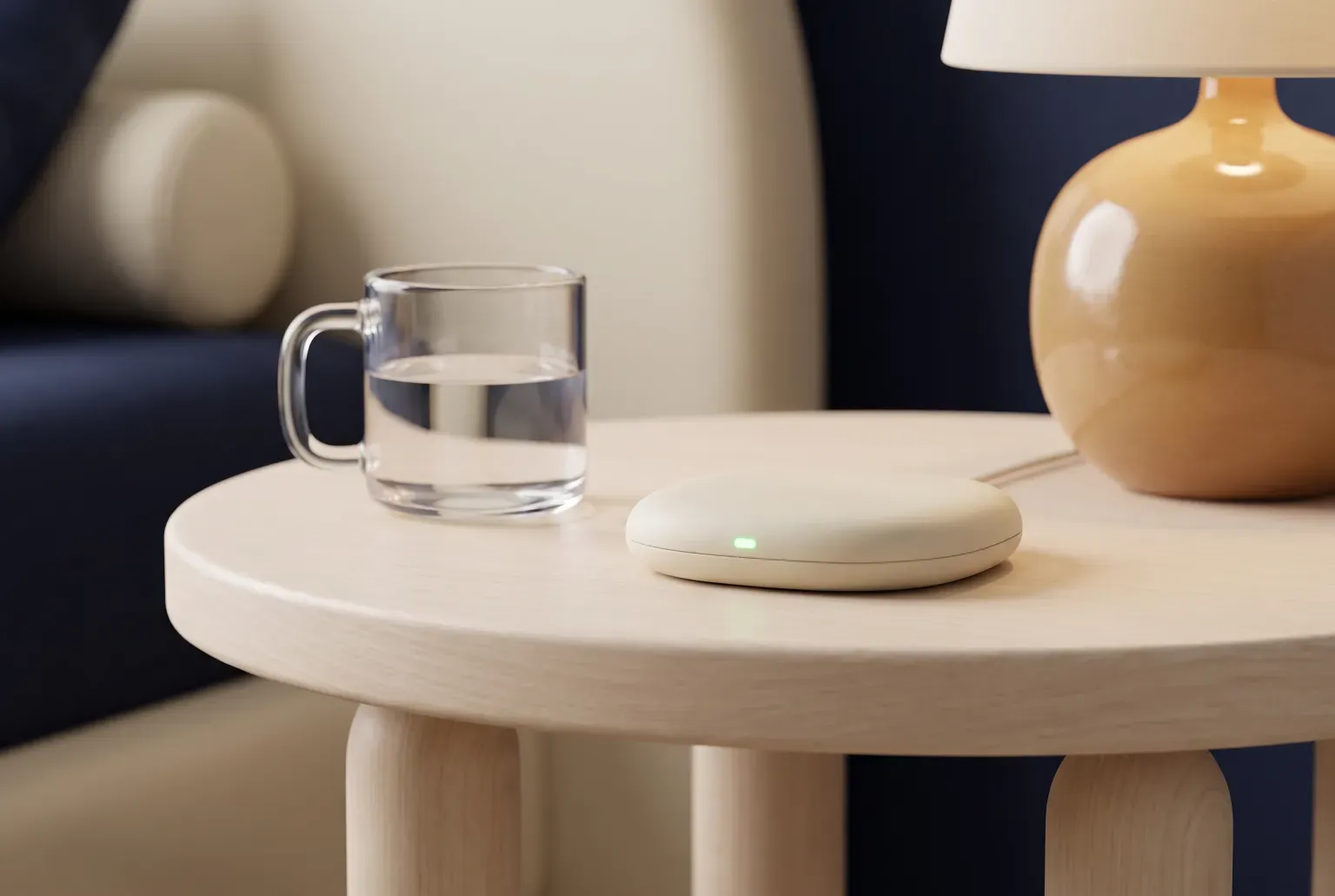 Illustration: a round cream wireless charging pad with a small green light on a pale wooden side table beside a glass of water and an amber lamp, drawn as a soft 3D render. Not a real product.
