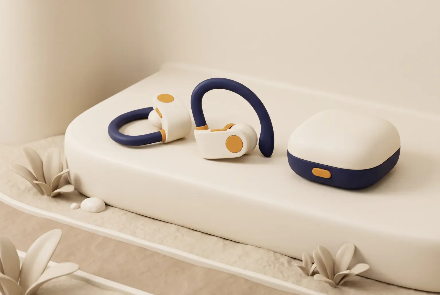 Illustration: a pair of sport earbuds with curved ear hooks and a small rounded charging case resting on a smooth stone ledge beside a running path, drawn as a soft 3D render. Not a real product.