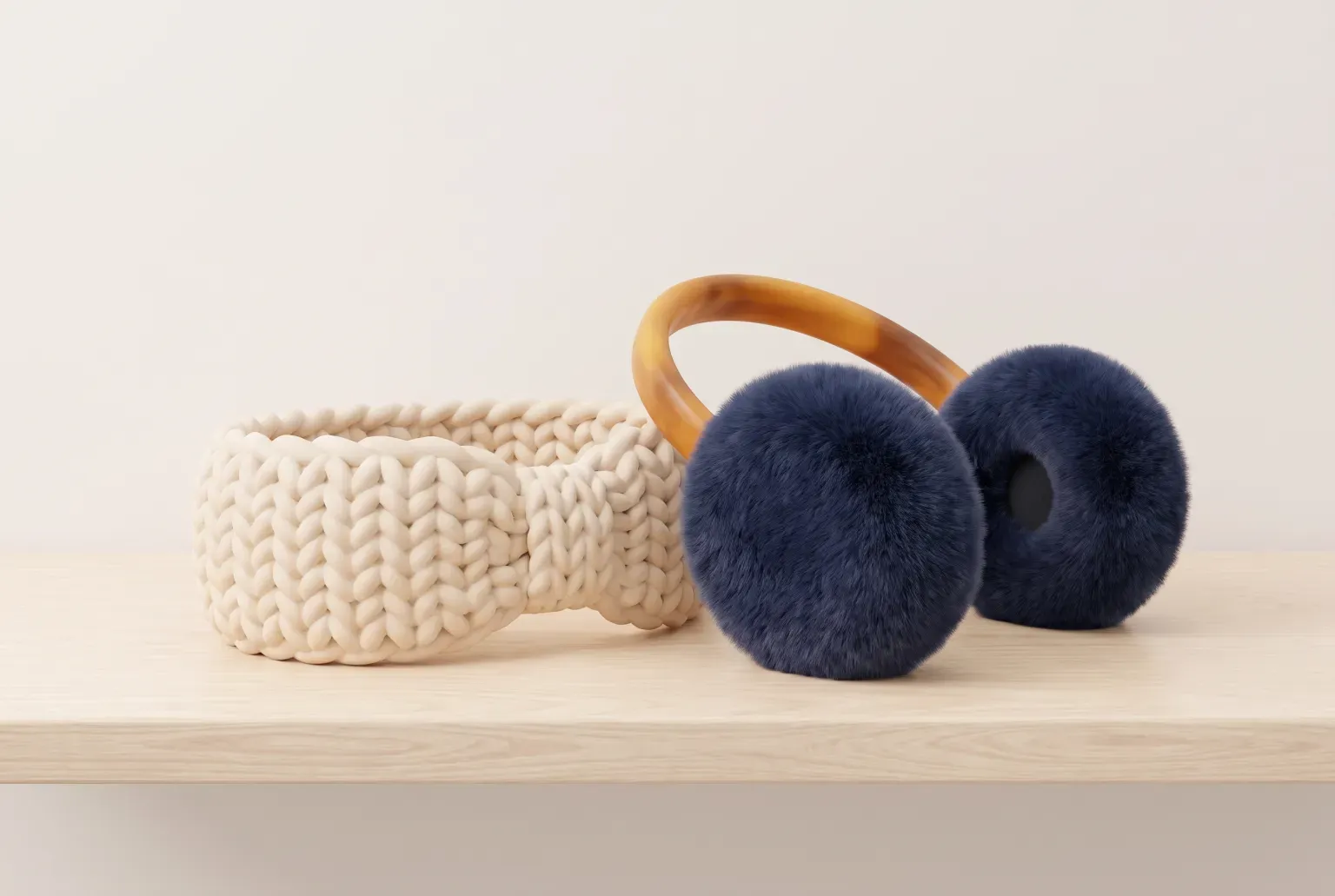 Illustration: a cream knitted ear warmer headband beside a pair of fluffy navy faux fur earmuffs on a pale wooden shelf, drawn as a soft 3D render. Not a real product.