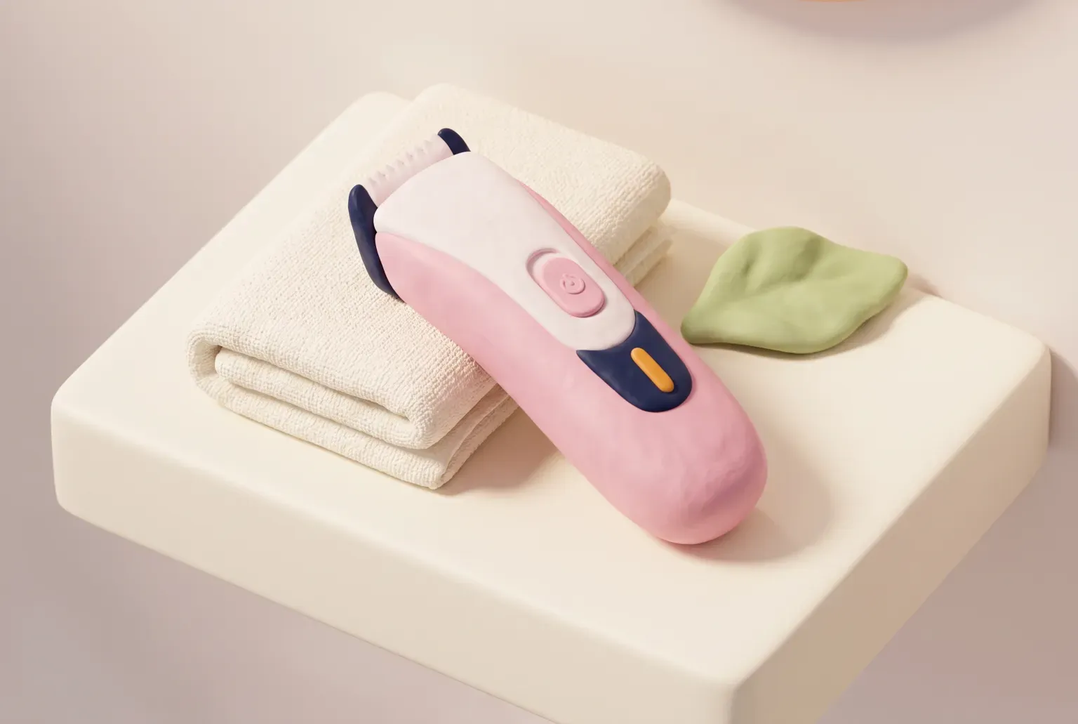 Illustration: a small pink and white cordless trimmer lying on a folded cream towel beside a green leaf on a cream shelf, drawn as a soft 3D render. Not a real product.
