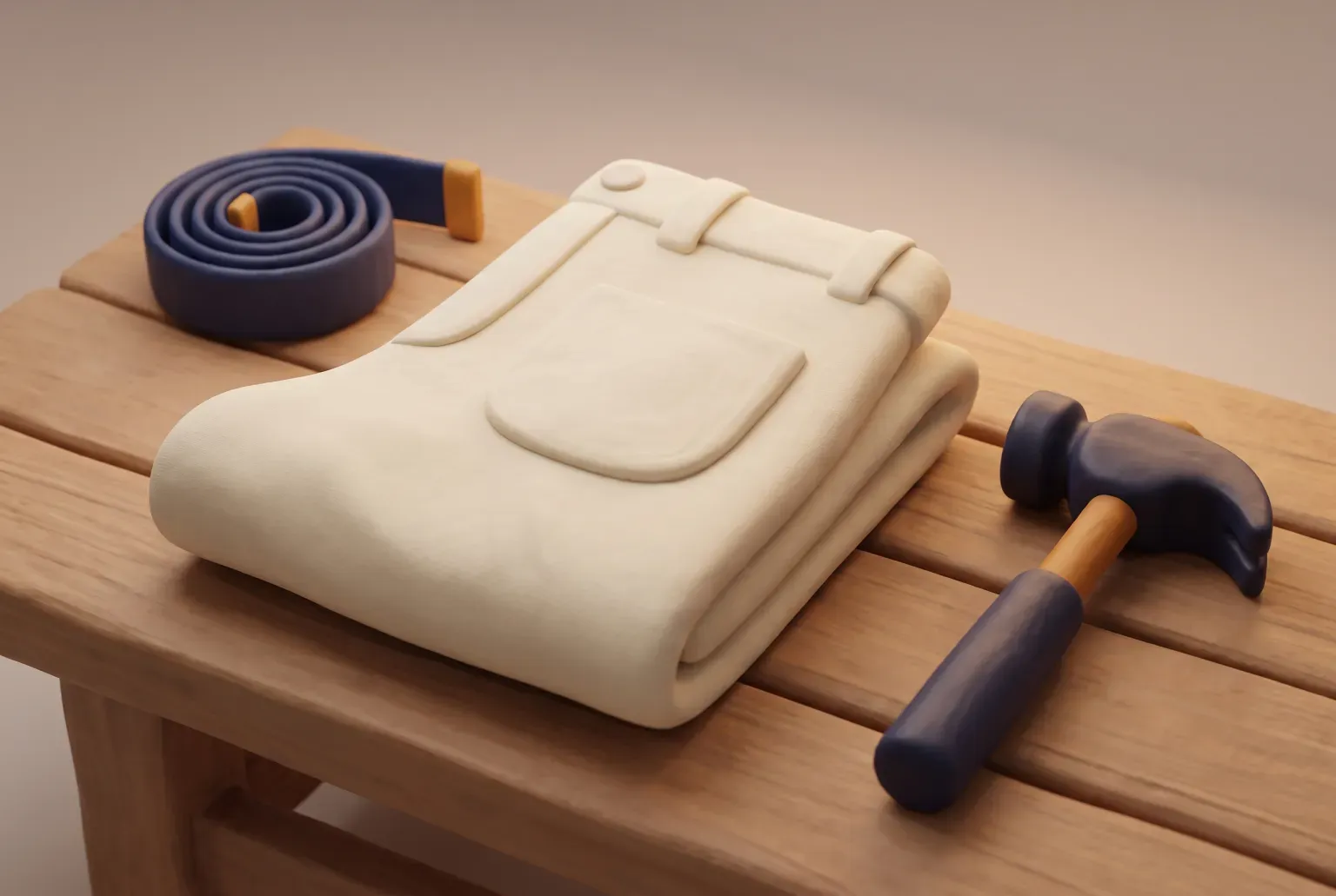 Illustration: a folded cream work pant beside a coiled navy belt and a hammer on a wooden workbench, drawn as a soft 3D render. Not a real product.