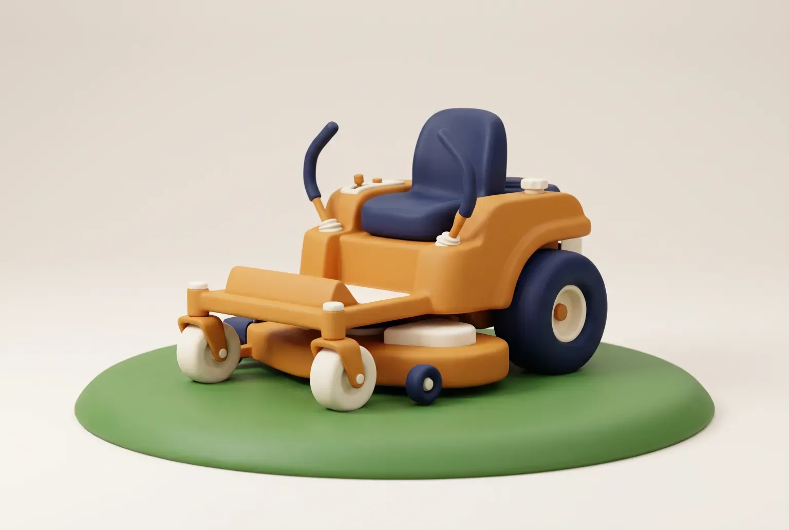 Illustration: an orange zero-turn riding lawn mower with a navy seat on a small round patch of green lawn, drawn as a soft 3D render. Not a real product.