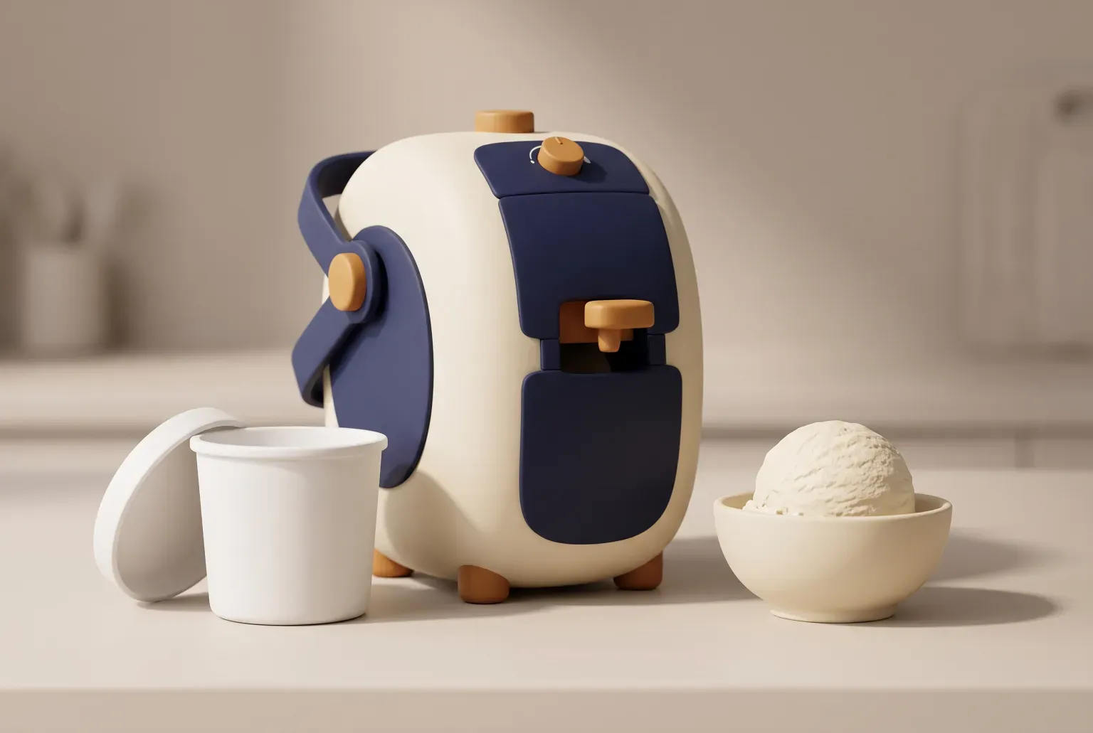 Illustration: a navy and cream countertop machine beside a white pint tub and a bowl with one scoop of vanilla ice cream, drawn as a soft 3D render. Not a real product.