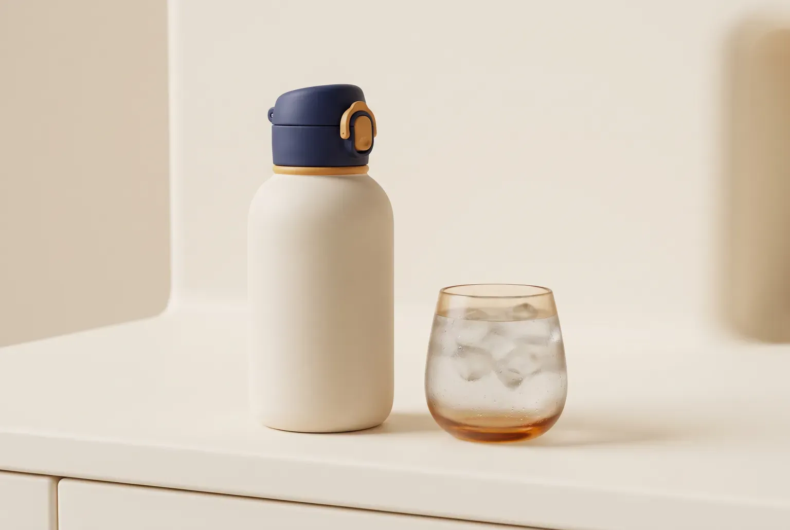 Illustration: a plain insulated water bottle with a flip-top lid beside a glass of ice water on a kitchen counter, drawn as a soft 3D render. Not a real product.
