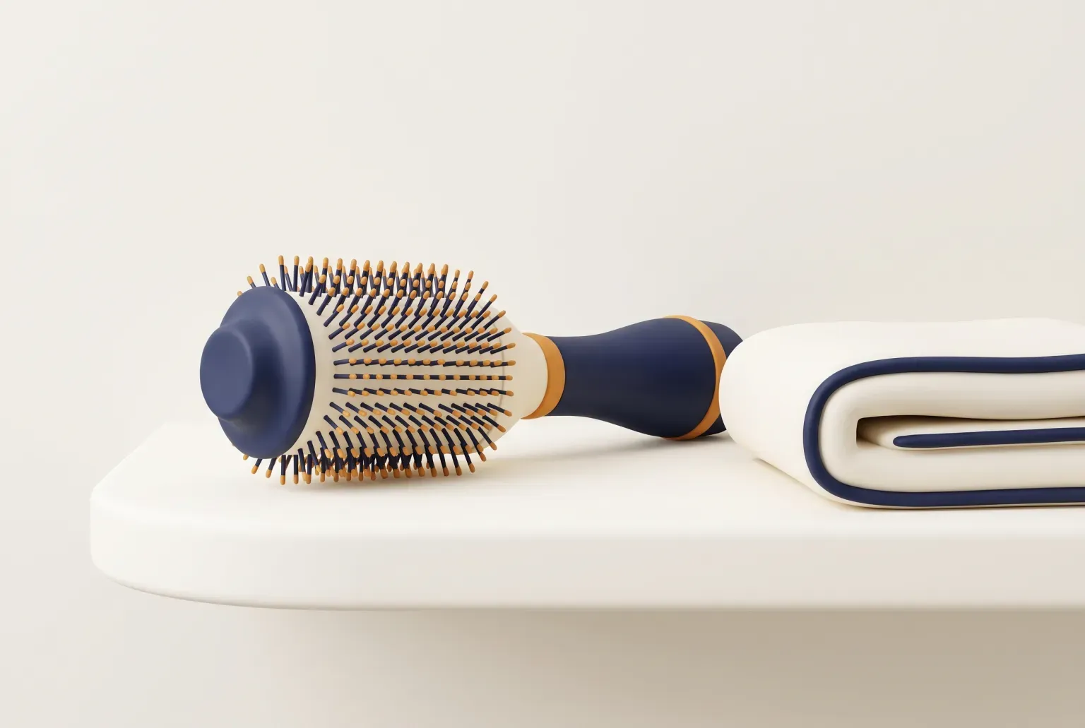 Illustration: a round hot air hairbrush with a navy handle and a cream barrel lying on a white shelf beside a folded towel. Not a real product.