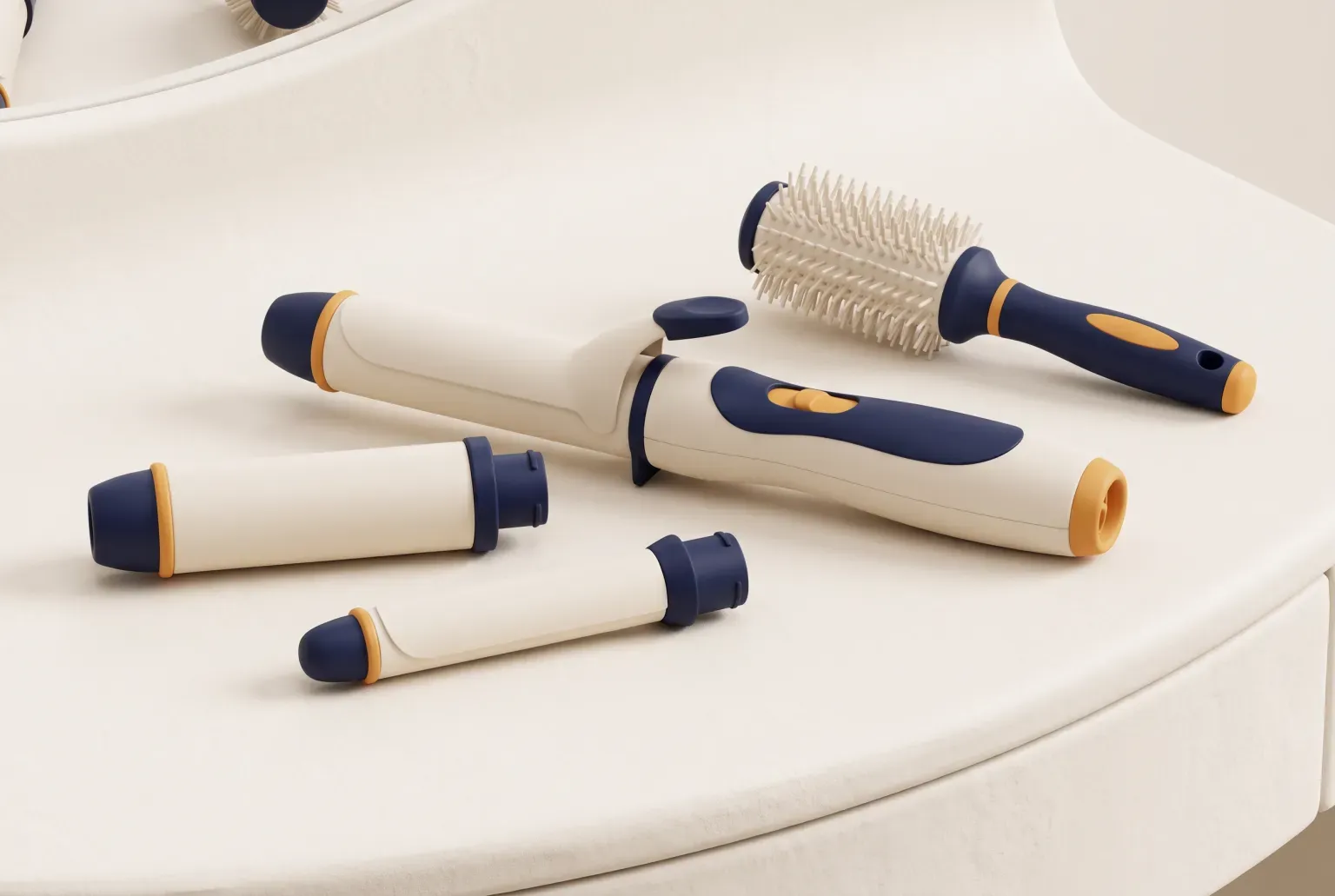 Illustration: a cream and navy handheld styling wand with two barrel attachments and a round brush lying on a pale vanity, drawn as a soft 3D render. Not a real product.