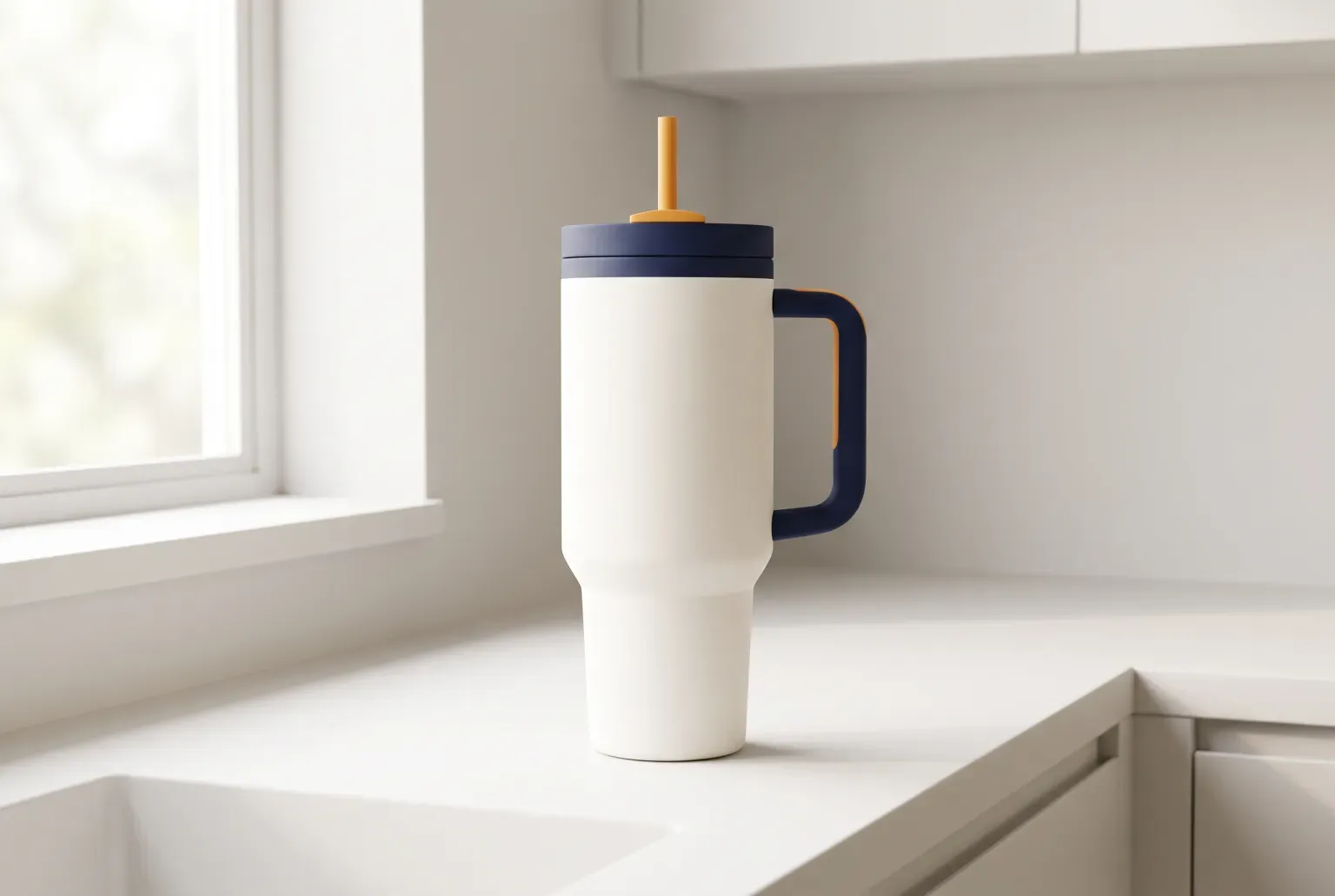 Illustration: a single tall insulated tumbler with a side handle and a straw standing on a tidy kitchen counter beside a window, drawn as a soft 3D render. Not a real product.